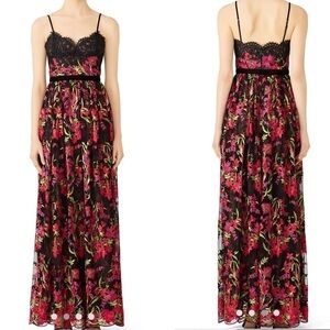 Marchesa Notte Black Pink Embroidered Lace Long Dress Formal Gown Size 8